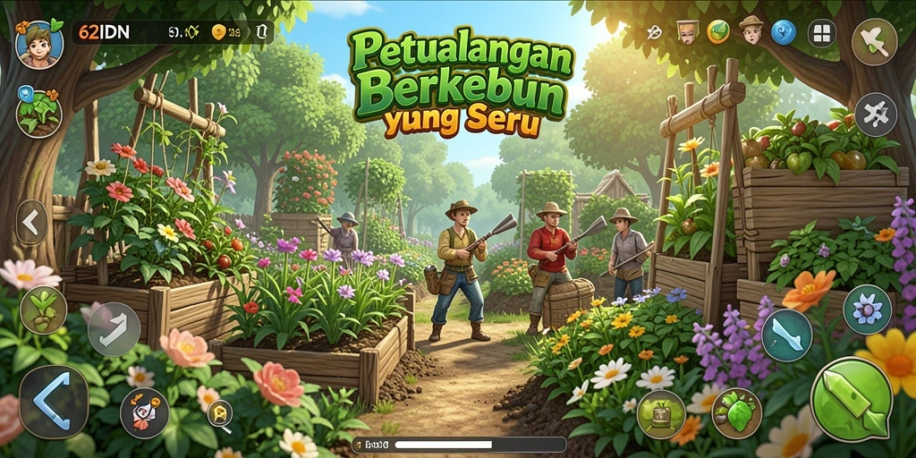 Tampilan gameplay seru berkebun di 62IDN yang penuh warna.