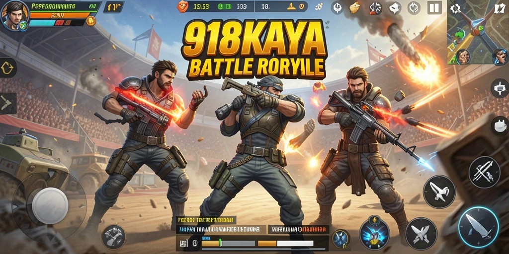 Tampilan gameplay menegangkan di 918KAYA, pertarungan antara pemain Battle Royale.