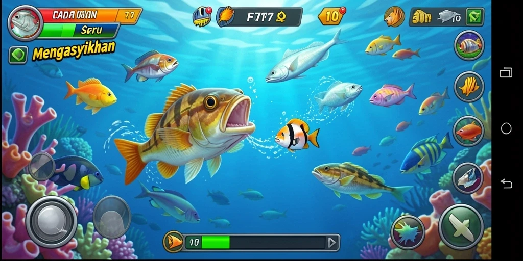 Screenshot gameplay F7F7 menampilkan aksi menembak ikan yang seru.