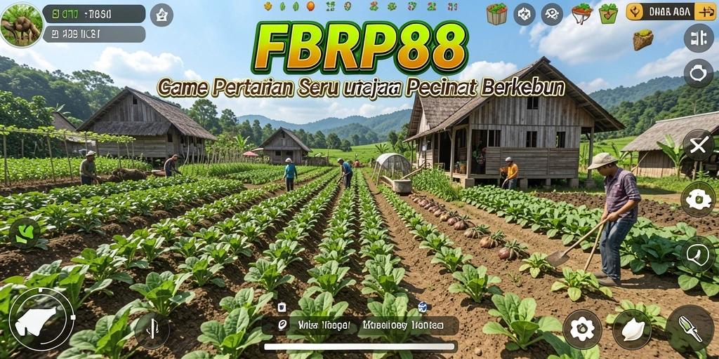 Tampilan screenshot FBRP88 menampilkan ladang hijau dengan berbagai tanaman dan hewan ternak.