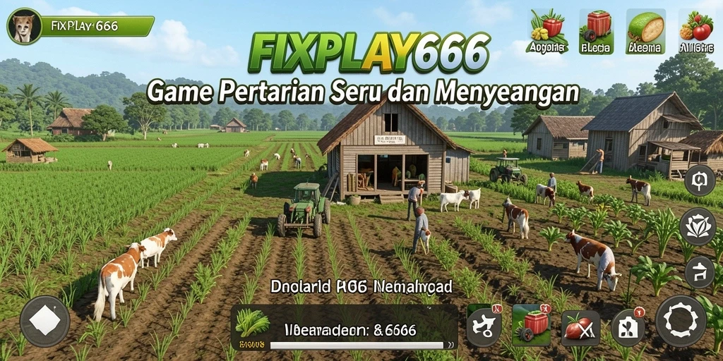 Tampilan gameplay FIXPLAY666 dengan ladang yang subur dan hewan ternak.