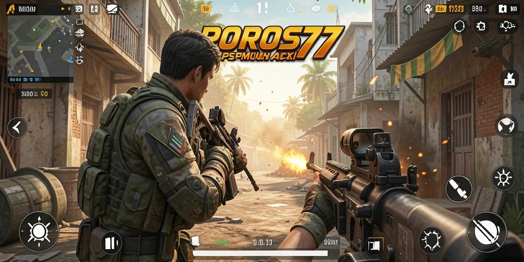 Screenshot gameplay POROS77 menampilkan aksi tembak-menembak yang intens.