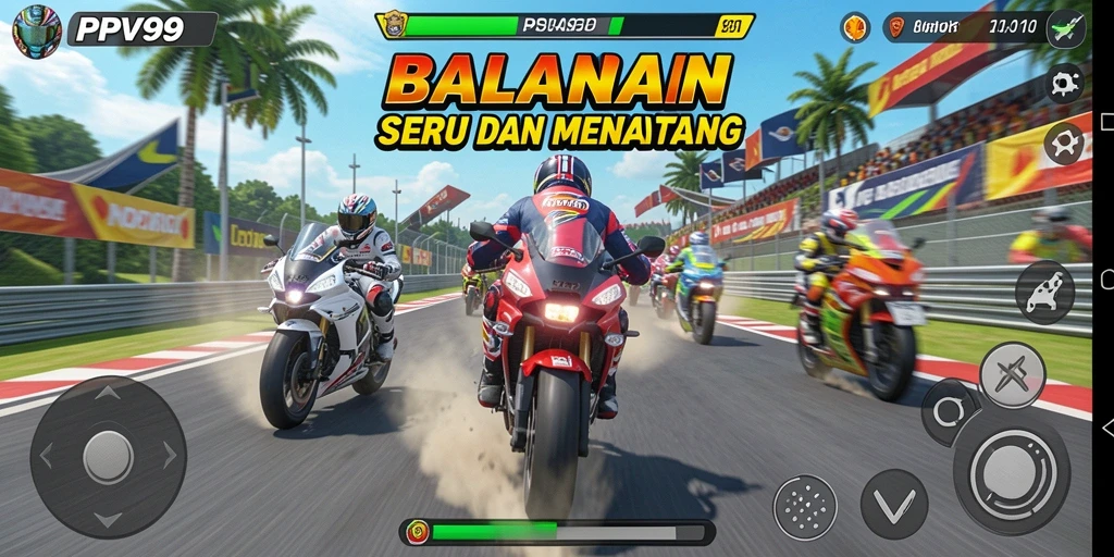 Tampilan gameplay penuh aksi dalam balapan motor.